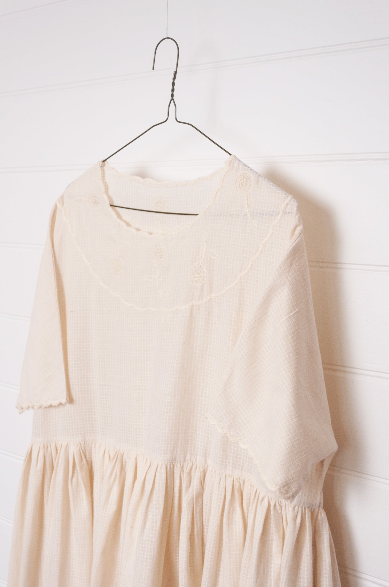 Runaway Bicycle handloom cotton Pipa dress, hand embroidered in natural white.