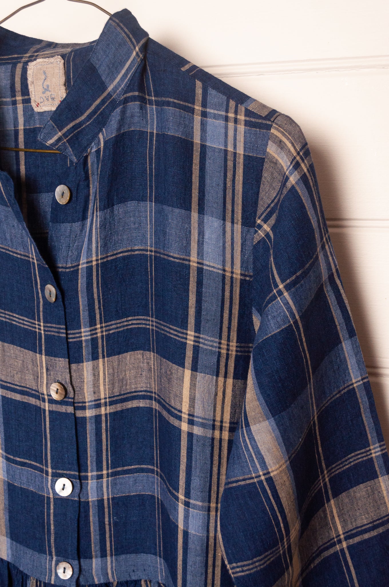 Dve Tara button up shirt dress in navy and beige check linen.