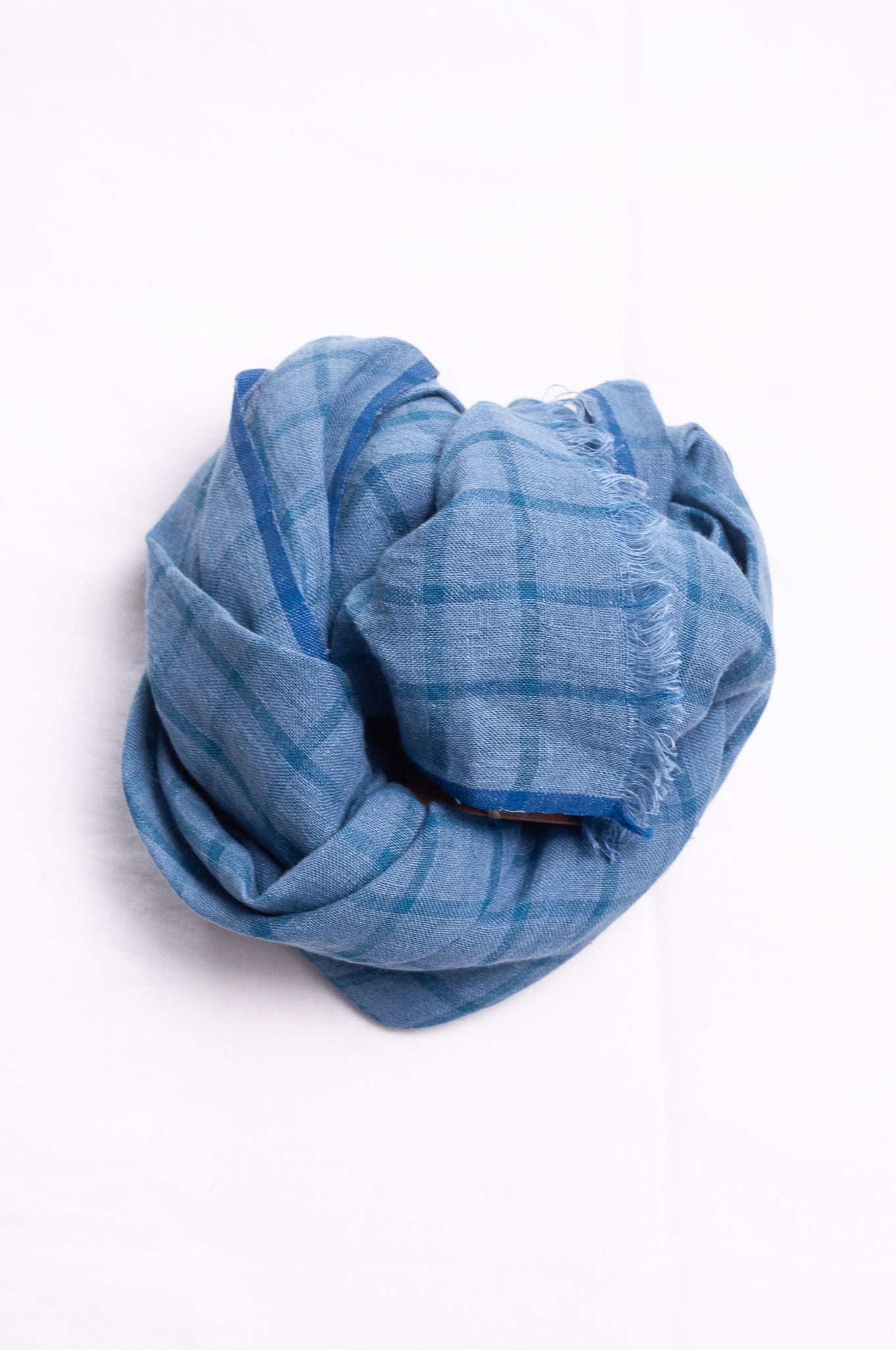 DVE handloom linen scarf in blue ashes check linen.