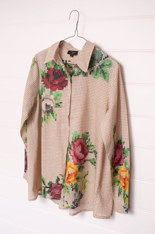 Raga digital print floral cotton button up long sleeve shirt.