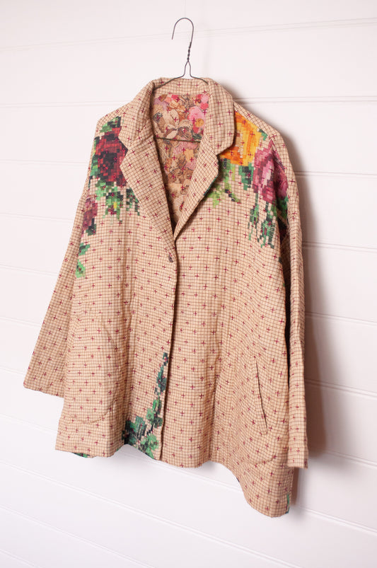 Raga Designs hand quilted digital floral print cotton jacket.