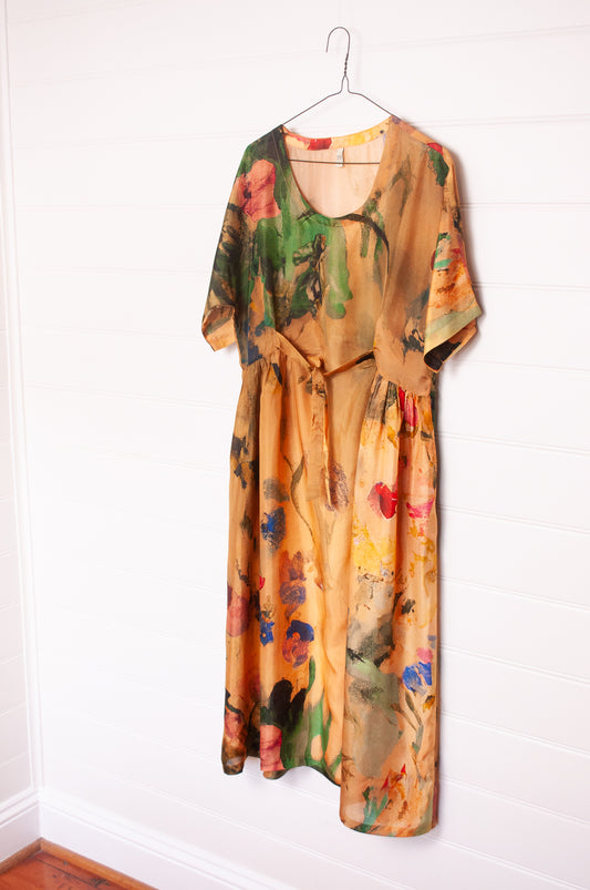 Yavï vintage postcard print silk dress floral on mustard.