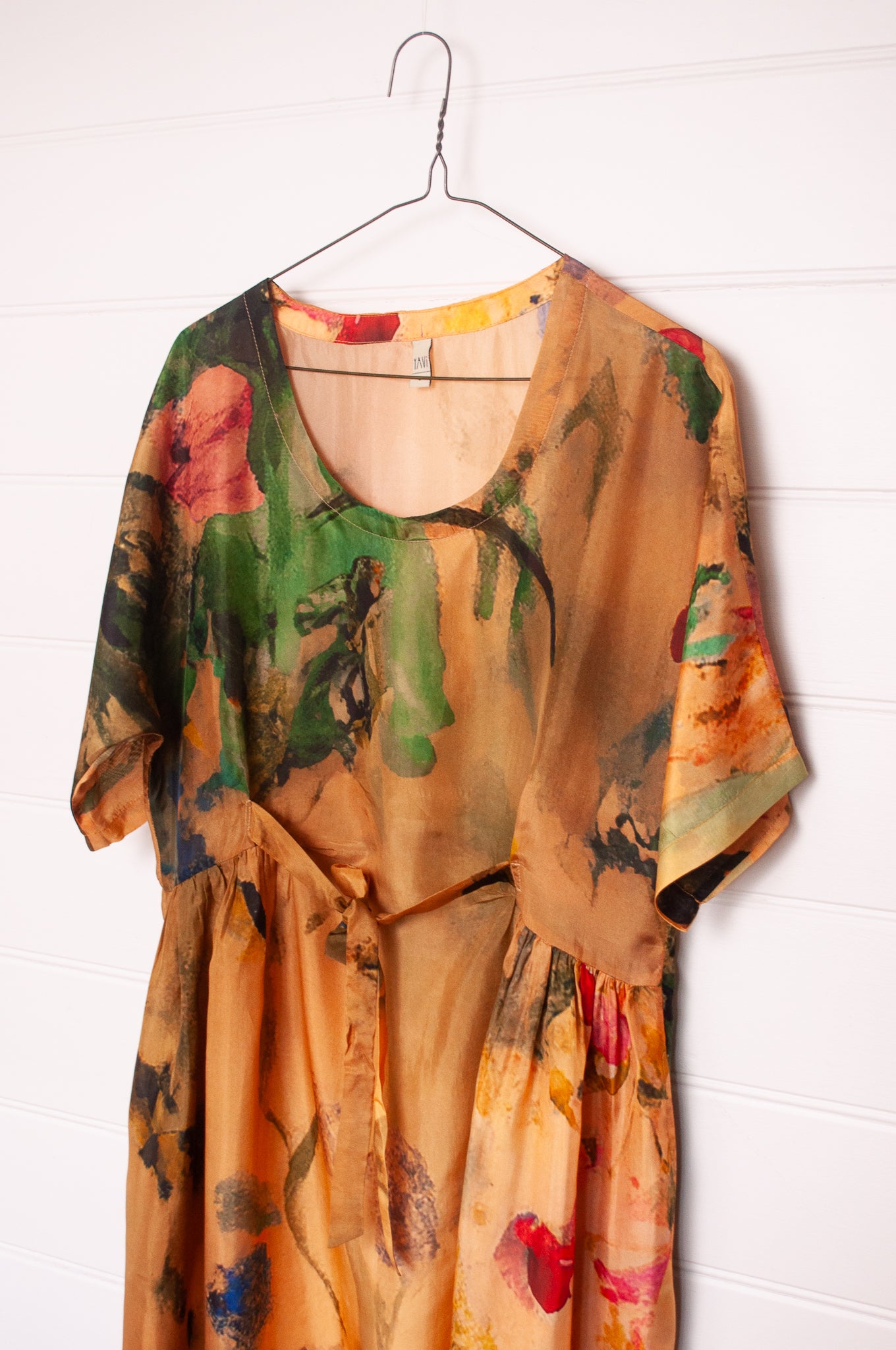 Yavï vintage postcard print silk dress floral on mustard.