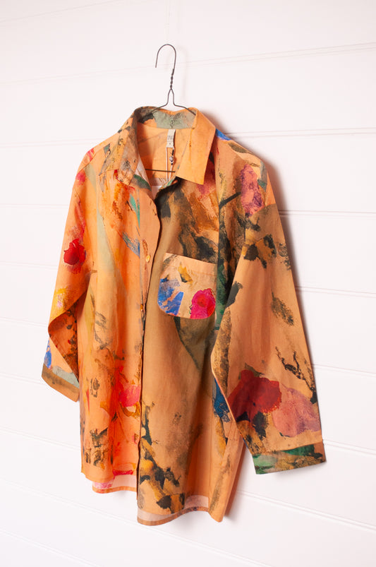 Yavï vintage postcard print button up cotton shirt mustard floral.