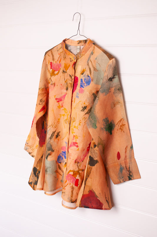 Yavï pure linen vintage postcard print floral button up swing shirt jacket.