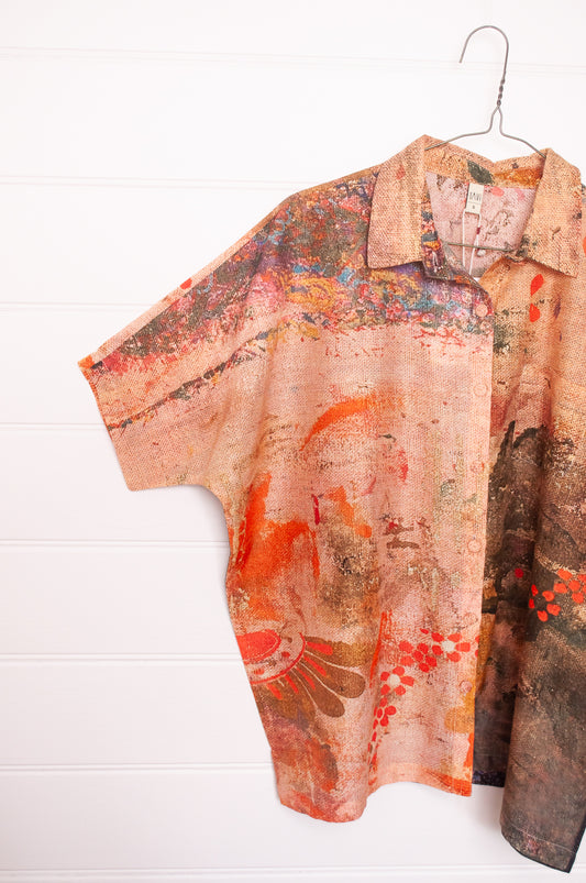 Yavï cotton silk blouse vintage postcard print.