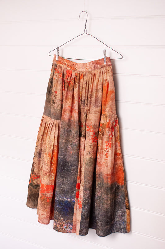 Yavï vintage postcard print gathered and panelled skirt in soft cotton.