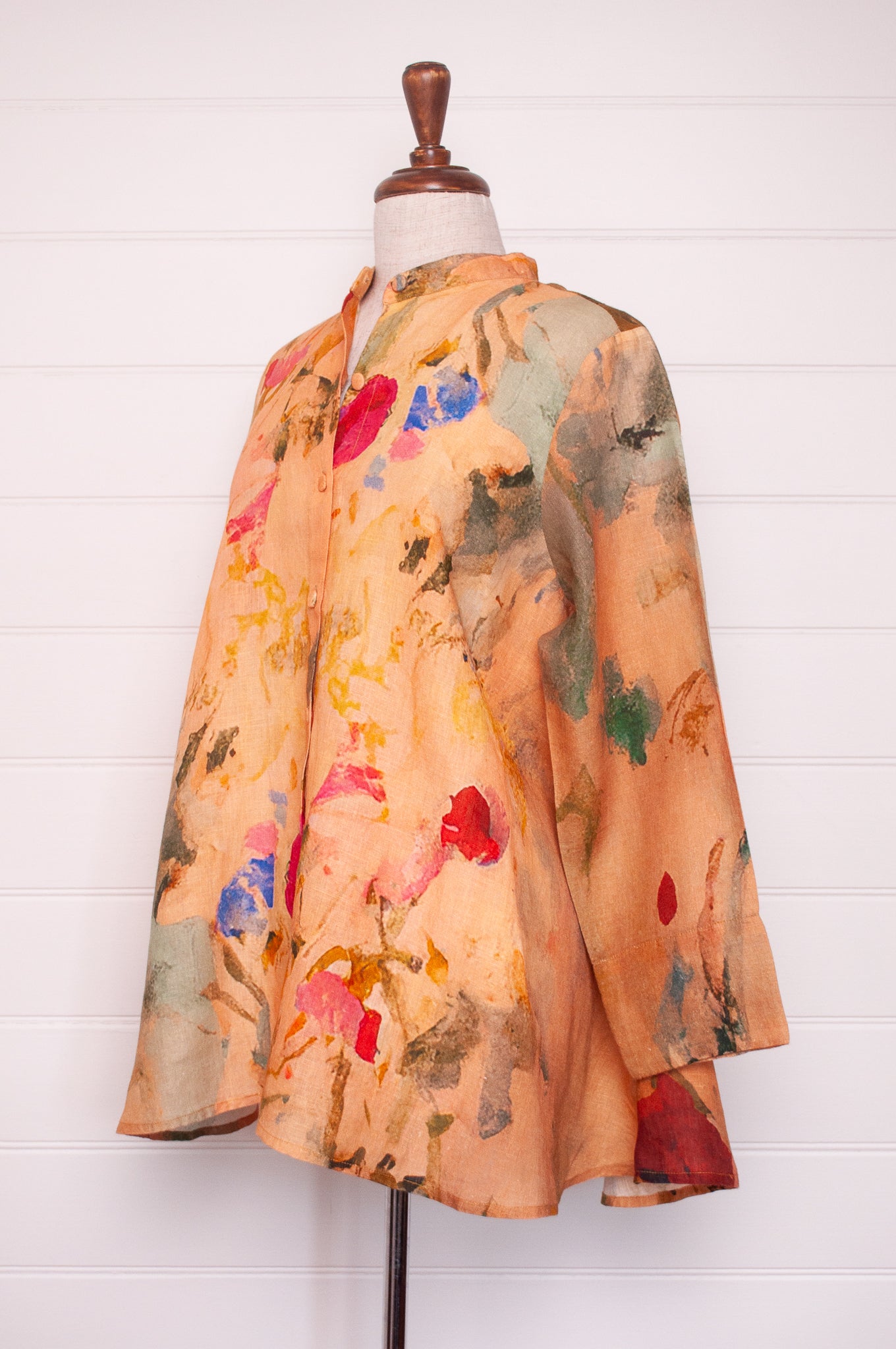 Yavï pure linen vintage postcard print floral button up swing shirt jacket.
