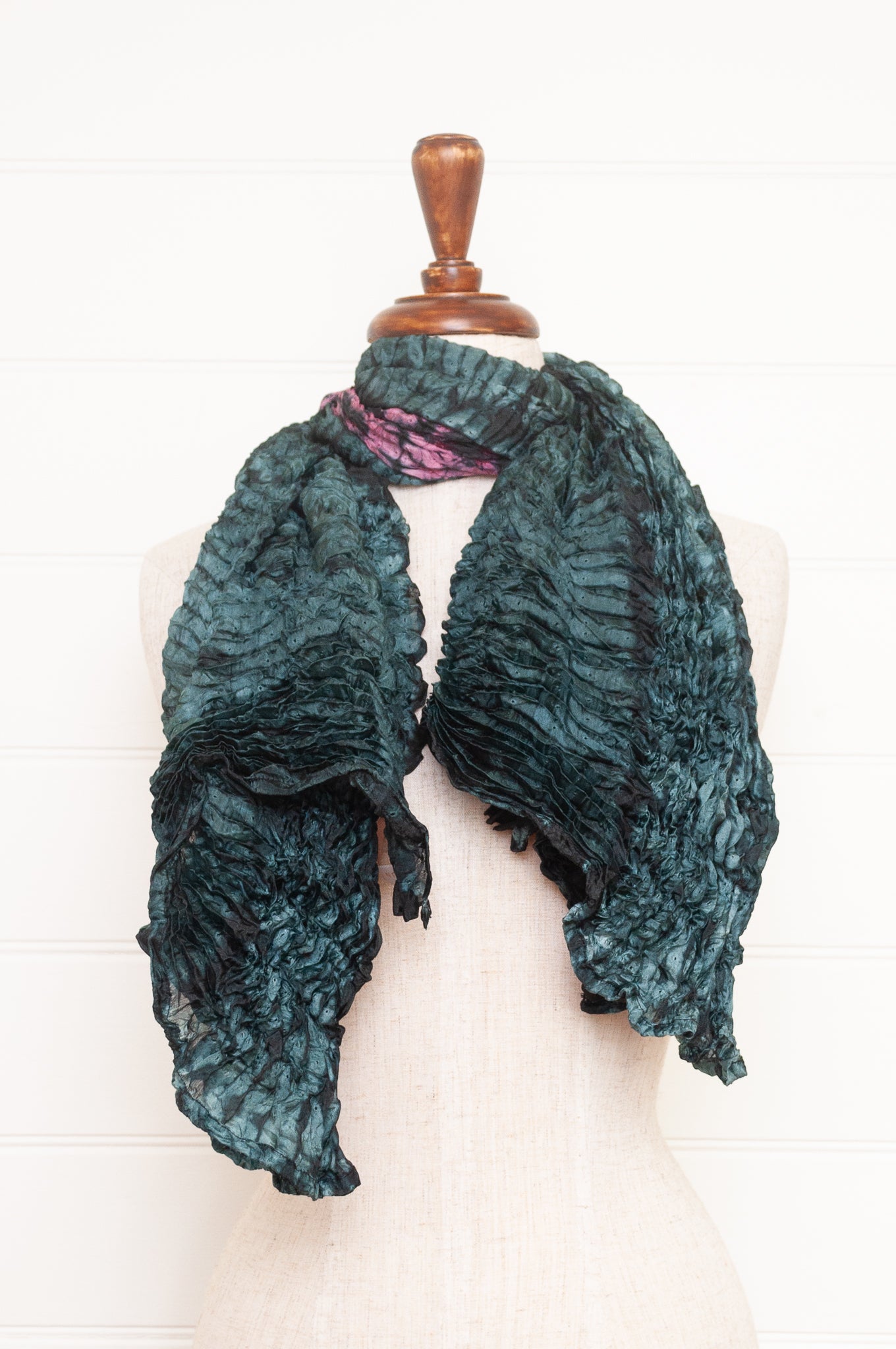 Shibori dyed pure silk crinkle finish scarf in indigo blue and magenta pink.