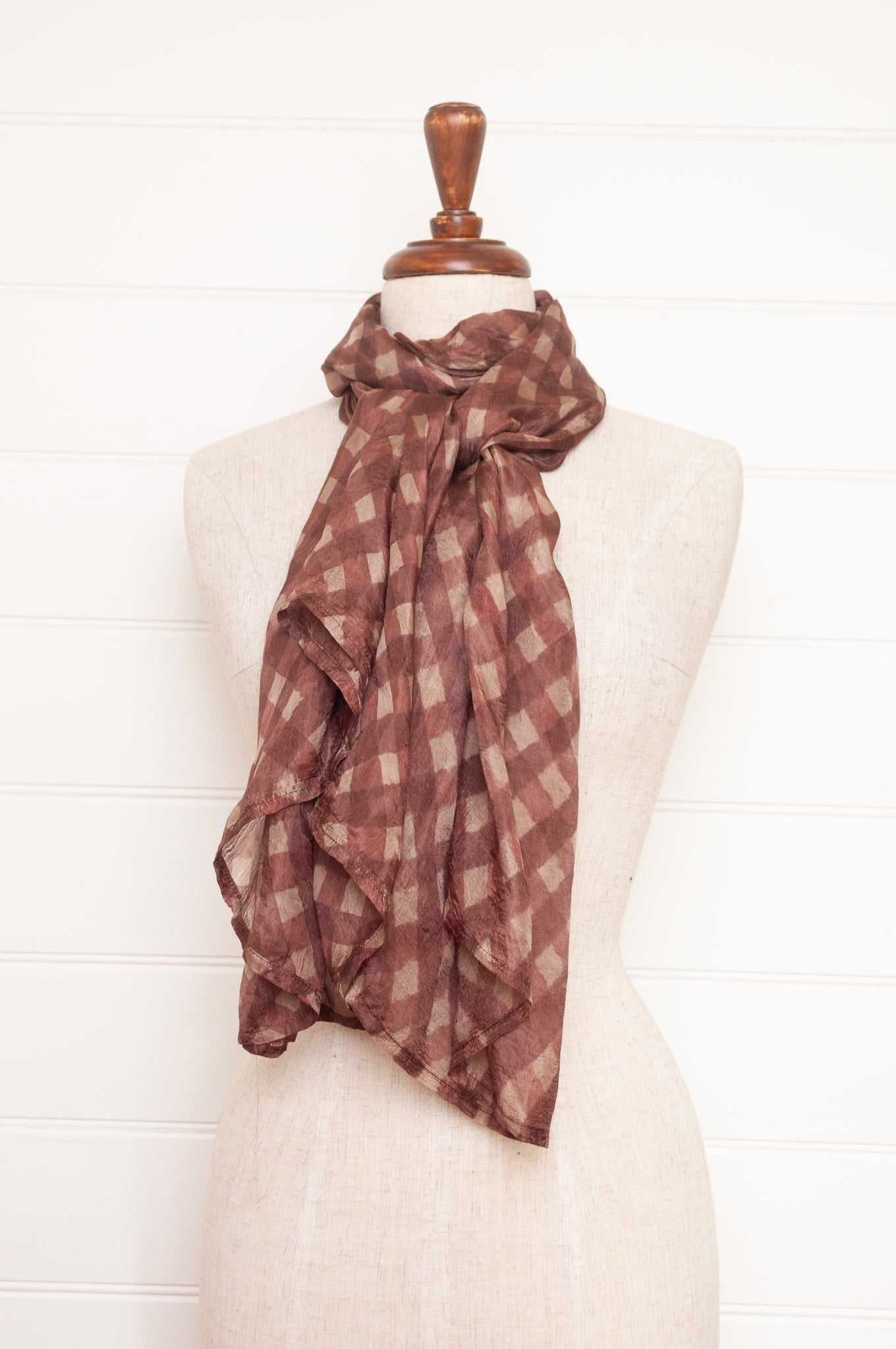 Hand painted pure silk scarf with deep nutmeg brown and beige checks.
