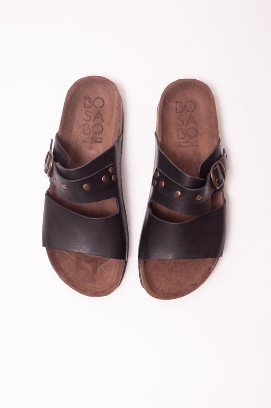 Bosabo black leather slide Vachette nero with brass stud detail and buckle.