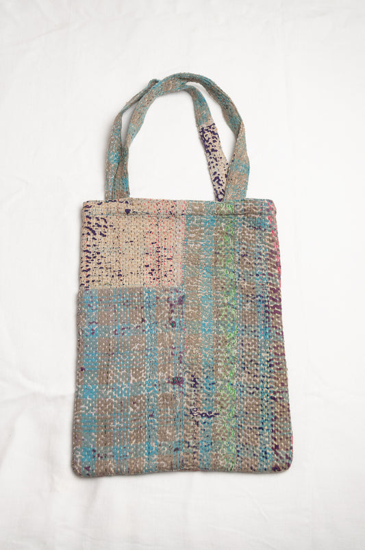 Vintage kantha tote bag, blue with multi colour stripes.