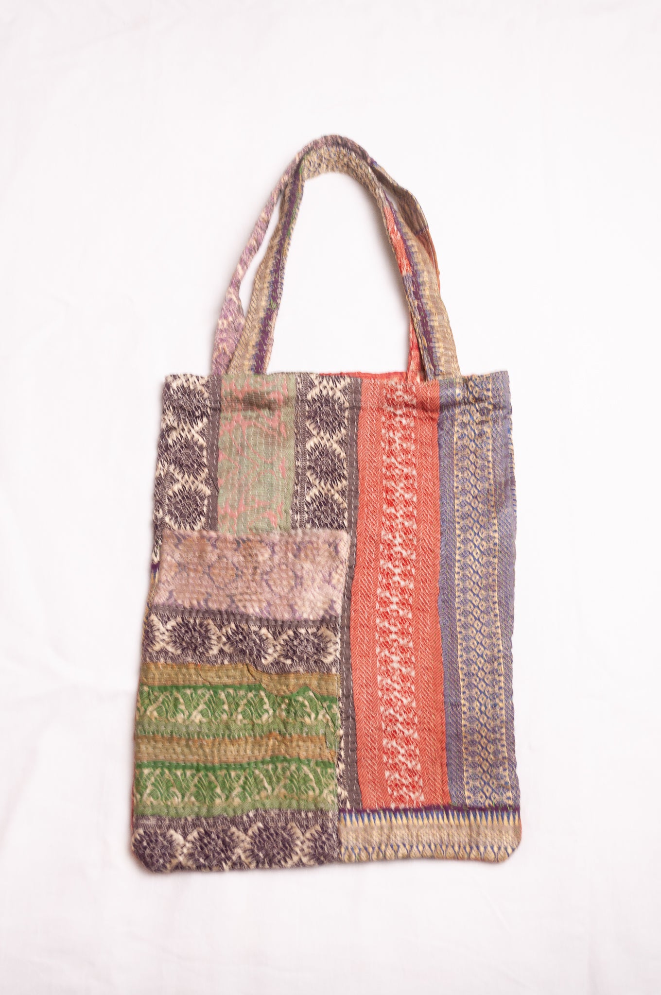 Vintage kantha tote bag, red with olive and gold brocade.