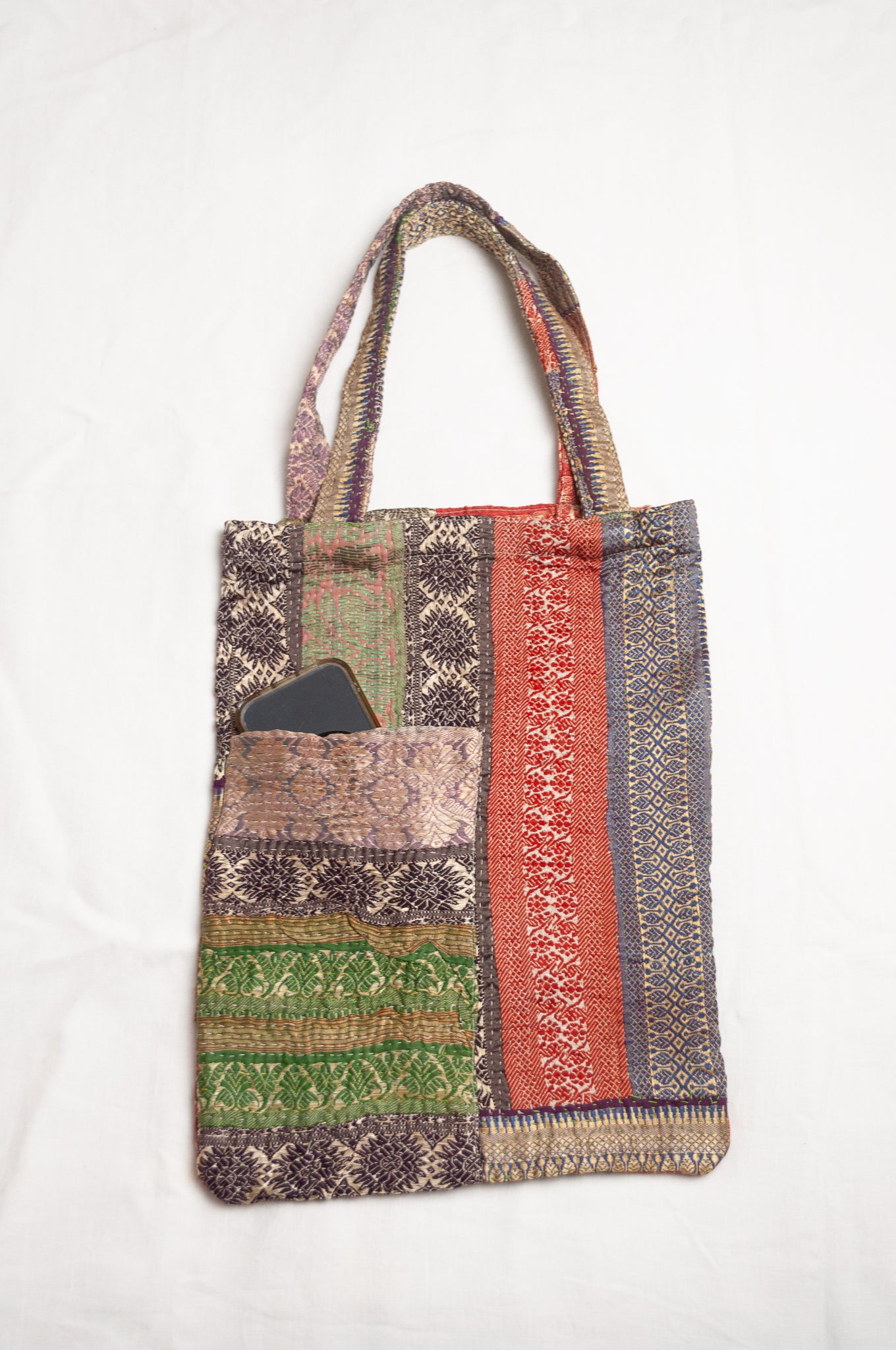 Vintage kantha tote bag, red with olive and gold brocade.
