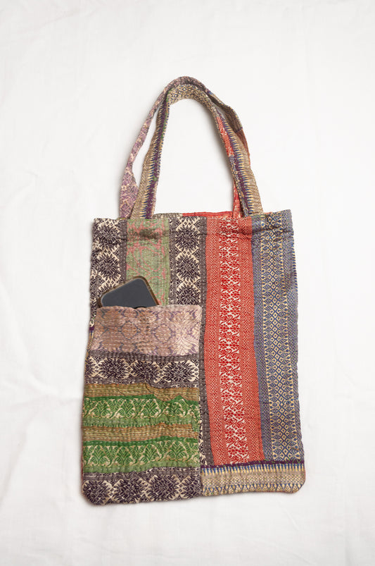 Vintage kantha tote bag, red with olive and gold brocade.