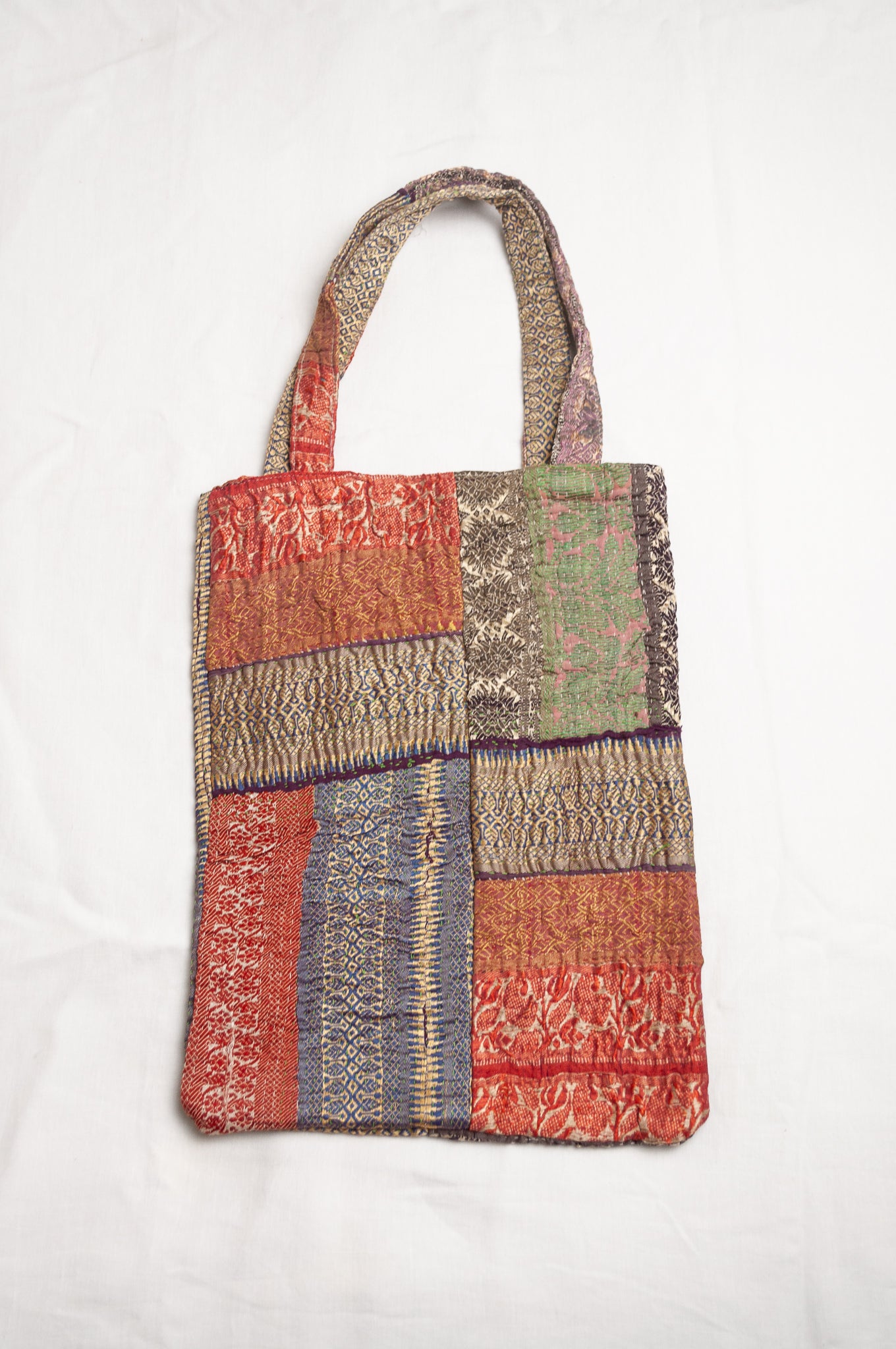 Vintage kantha tote bag, red with olive and gold brocade.