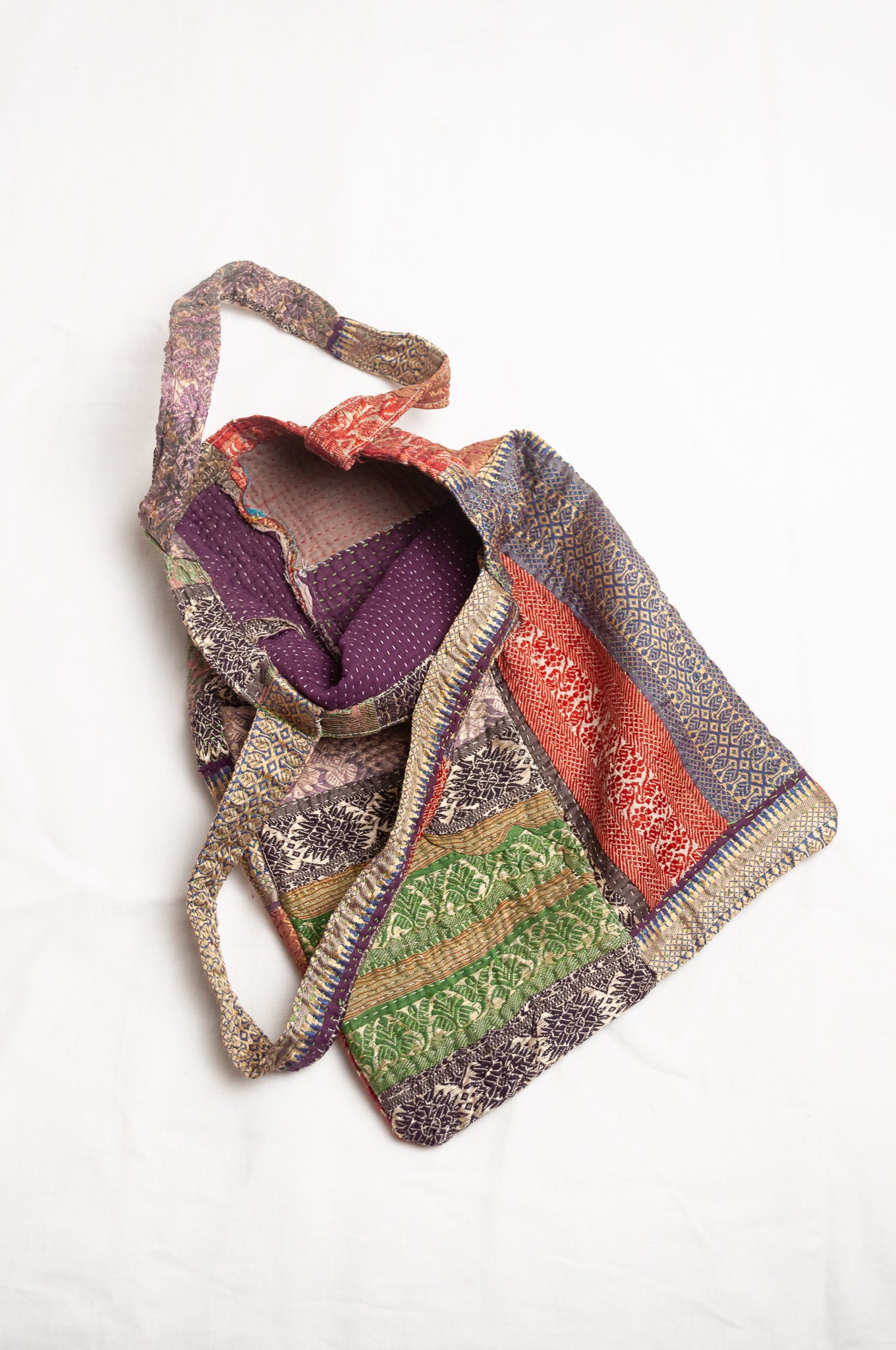 Vintage kantha tote bag, red with olive and gold brocade.