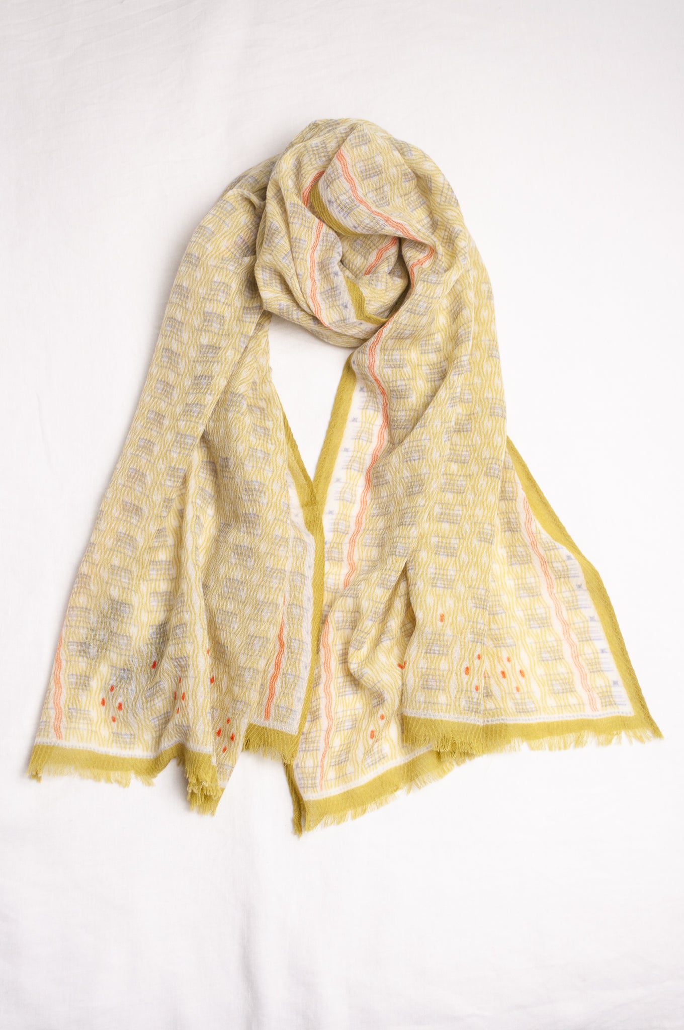 Anna Kaszer fine wool scarf Nori maradign in lime green with coral highlights.
