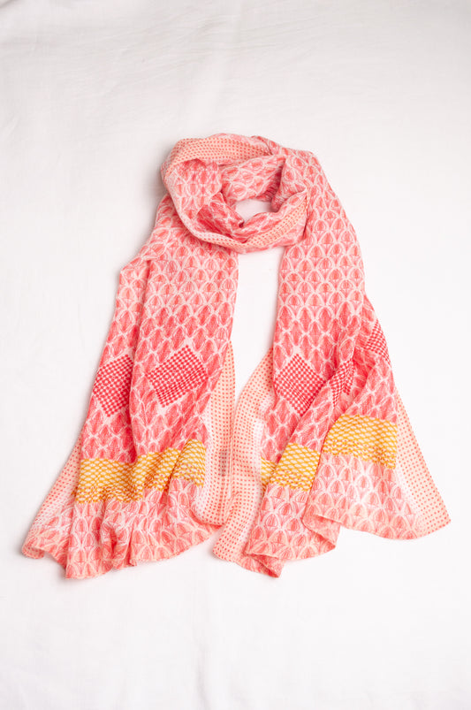 Anna Kaszer fine wool scarf geometric pattern in coral, white and mustard.