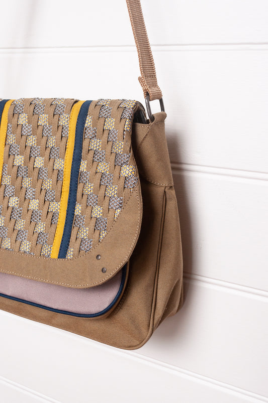 Anna Kaszer Ionza shoulder cross body bag in taupe with woven braid panel.