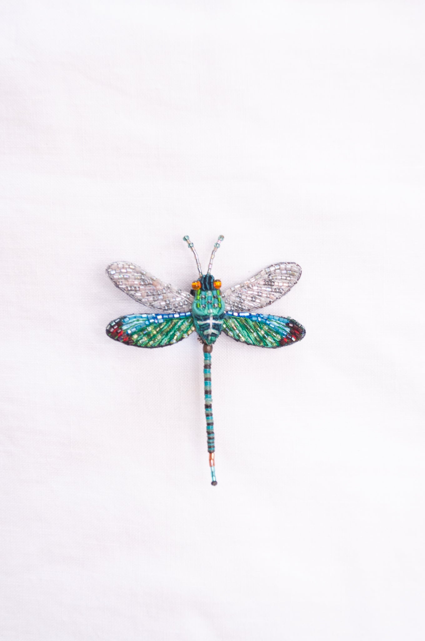 Trovelore hand embroidered and beaded Oriental greenwing dragonfly brooch.