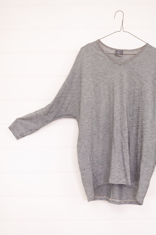 Valia V-merino wool jersey V-neck top in caviar charcoal grey.