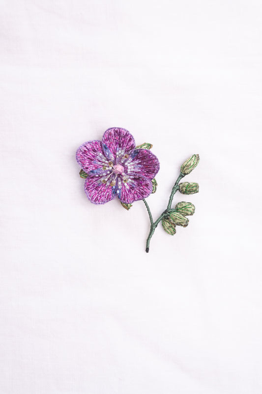 Trovelore hand embroidered and beaded Purple geranium brooch.