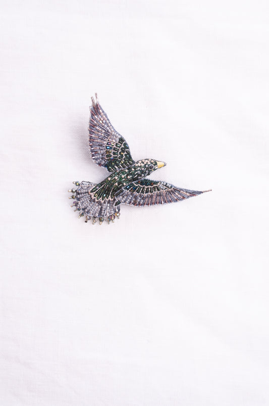 Trovelore hand embroidered and beeded Starling brooch.