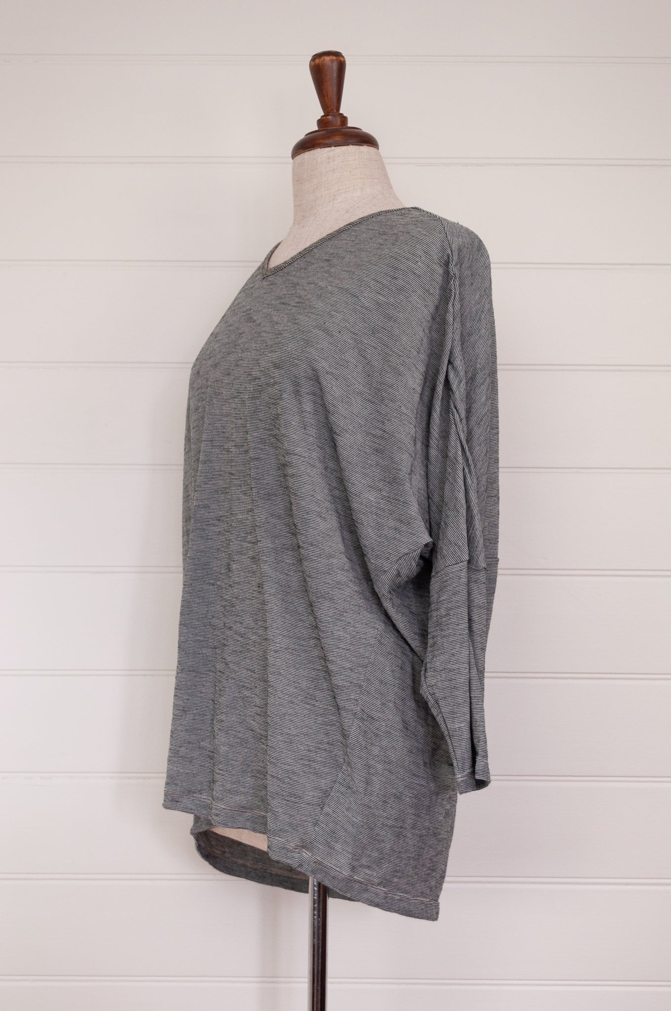 Valia V-merino wool jersey V-neck top in caviar charcoal grey.