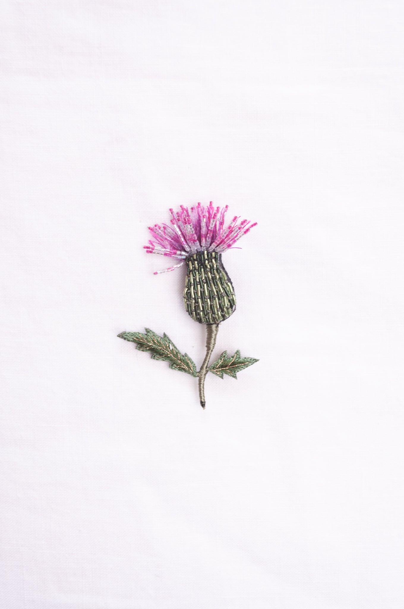 Trovelore hand embroidered and beaded Spear thistle brooch.