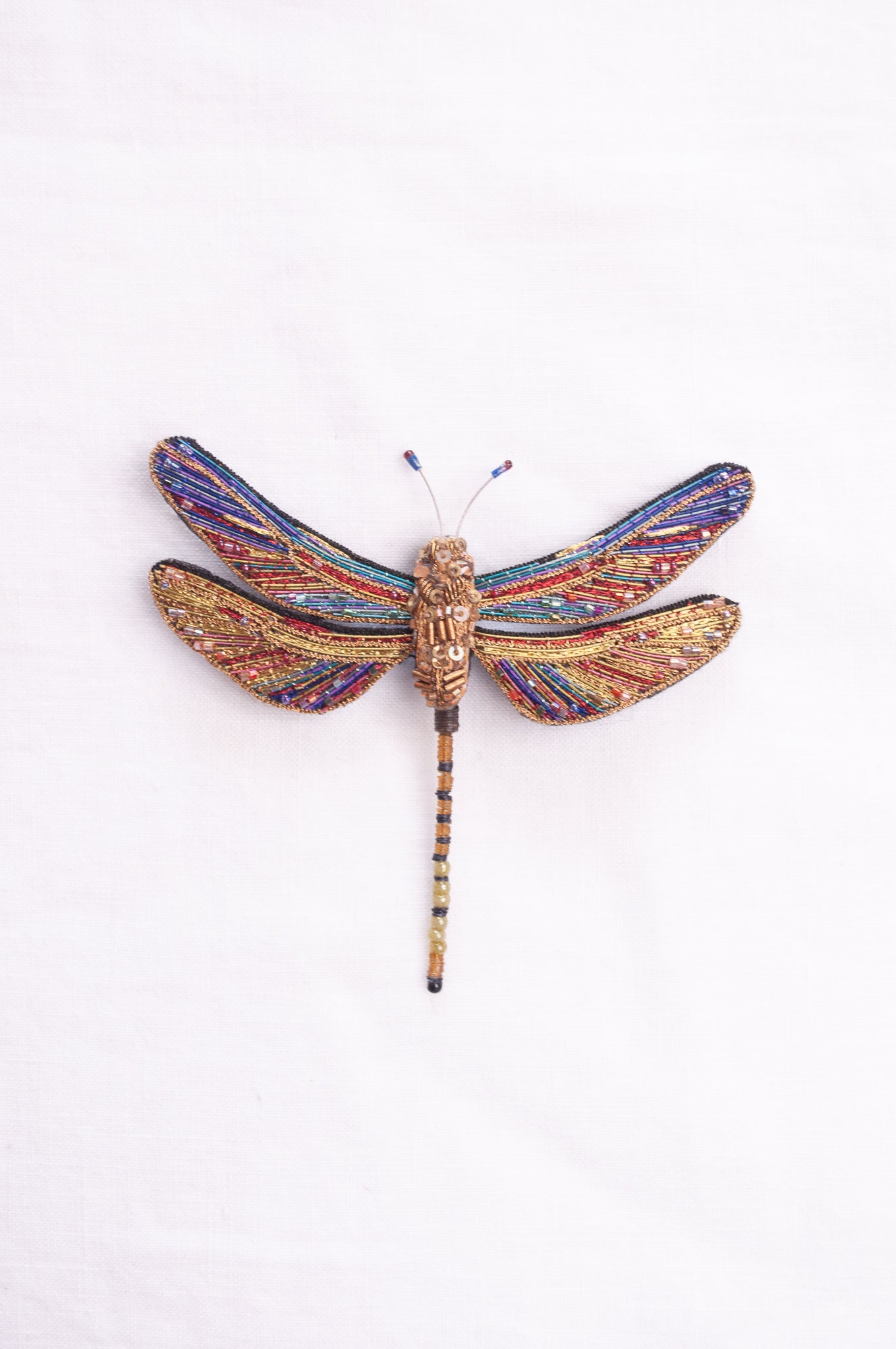 Trovelore hand embroidered and beaded Brown hawker dragonfly brooch.