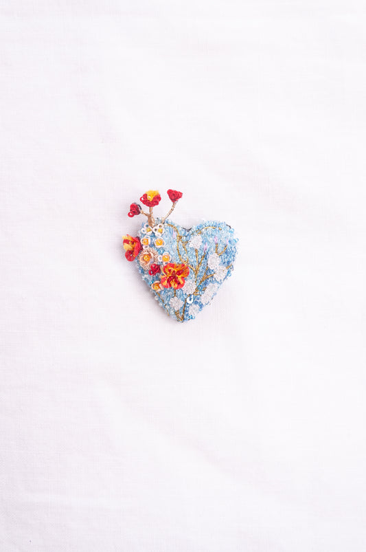 Trovelore hand embroidered and beaded Heart blossoms brooch.