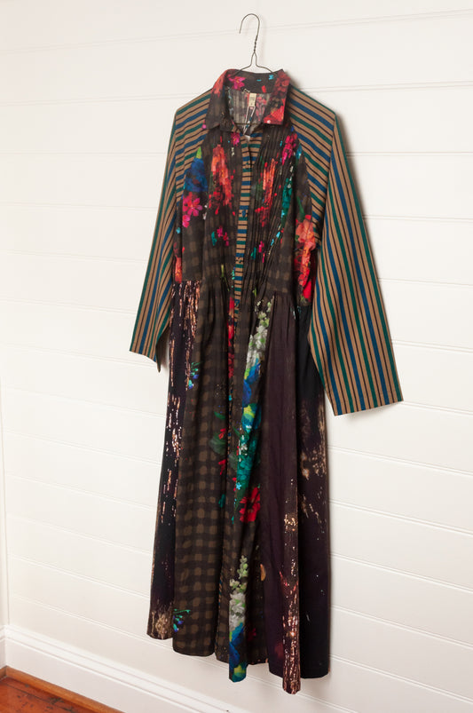 Yavi panelled shirtdress in check floral and stripe prints.