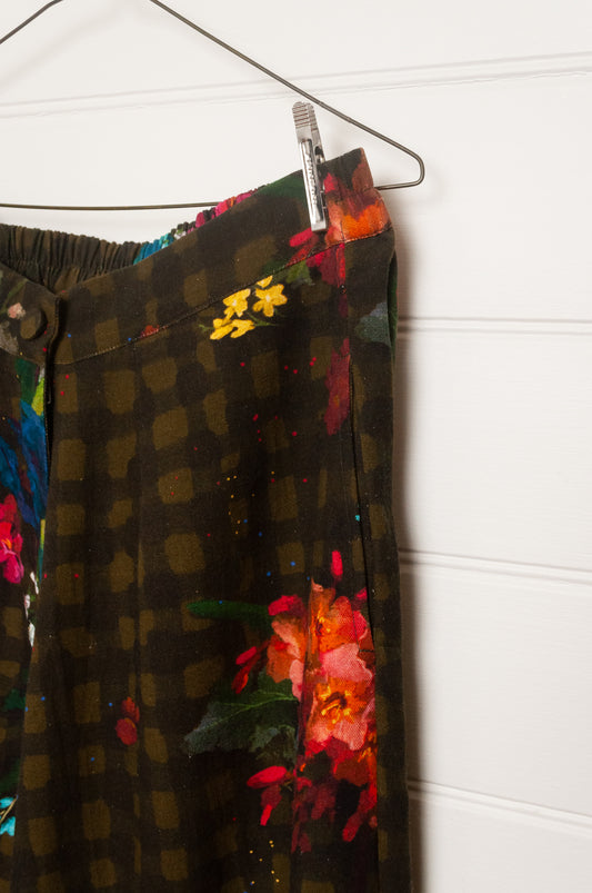 Yavi floral and check print cotton canvas wide leg pants.