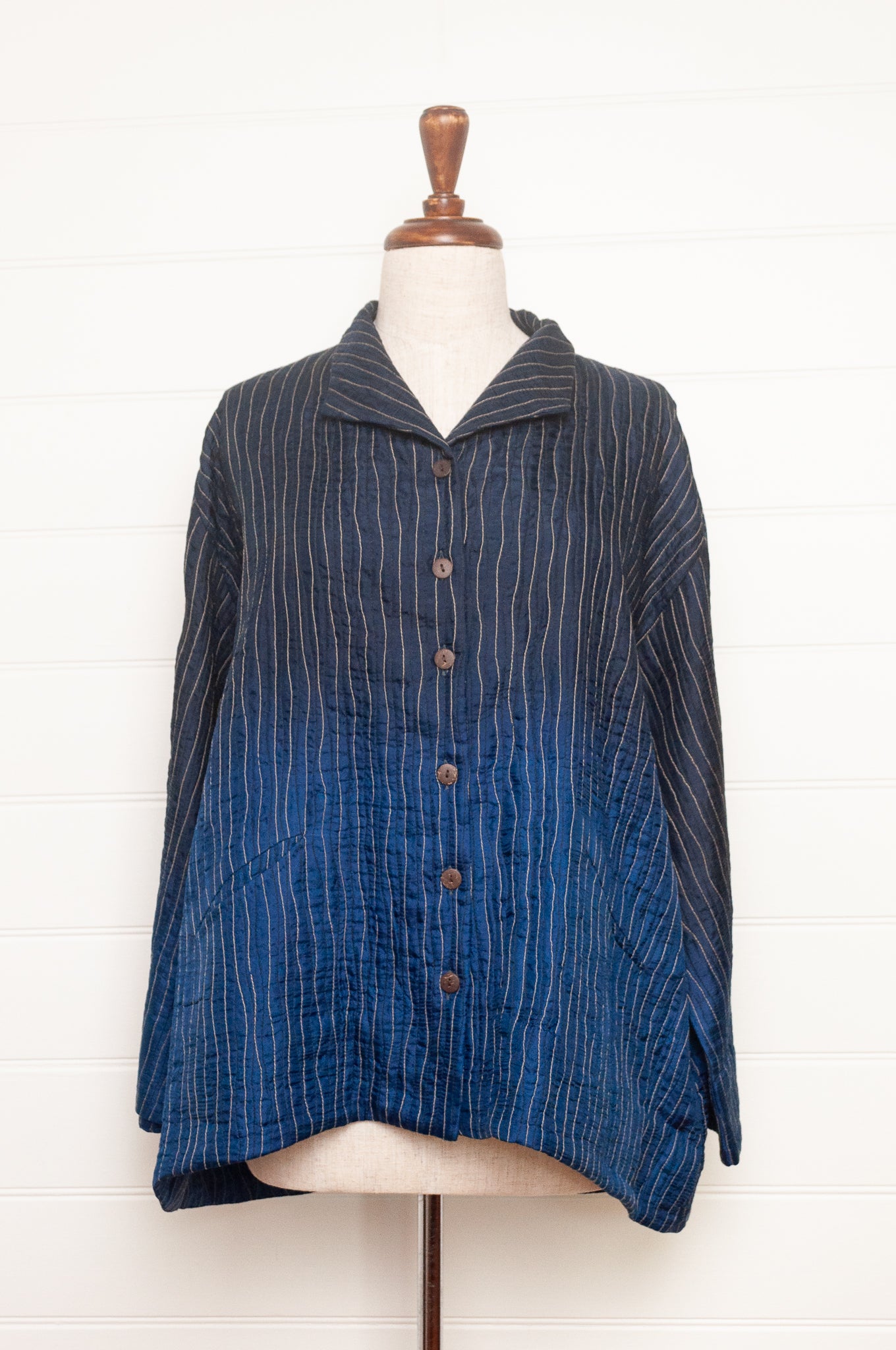 Raga silk quilted jacket ombre dyed in indigo blue.
