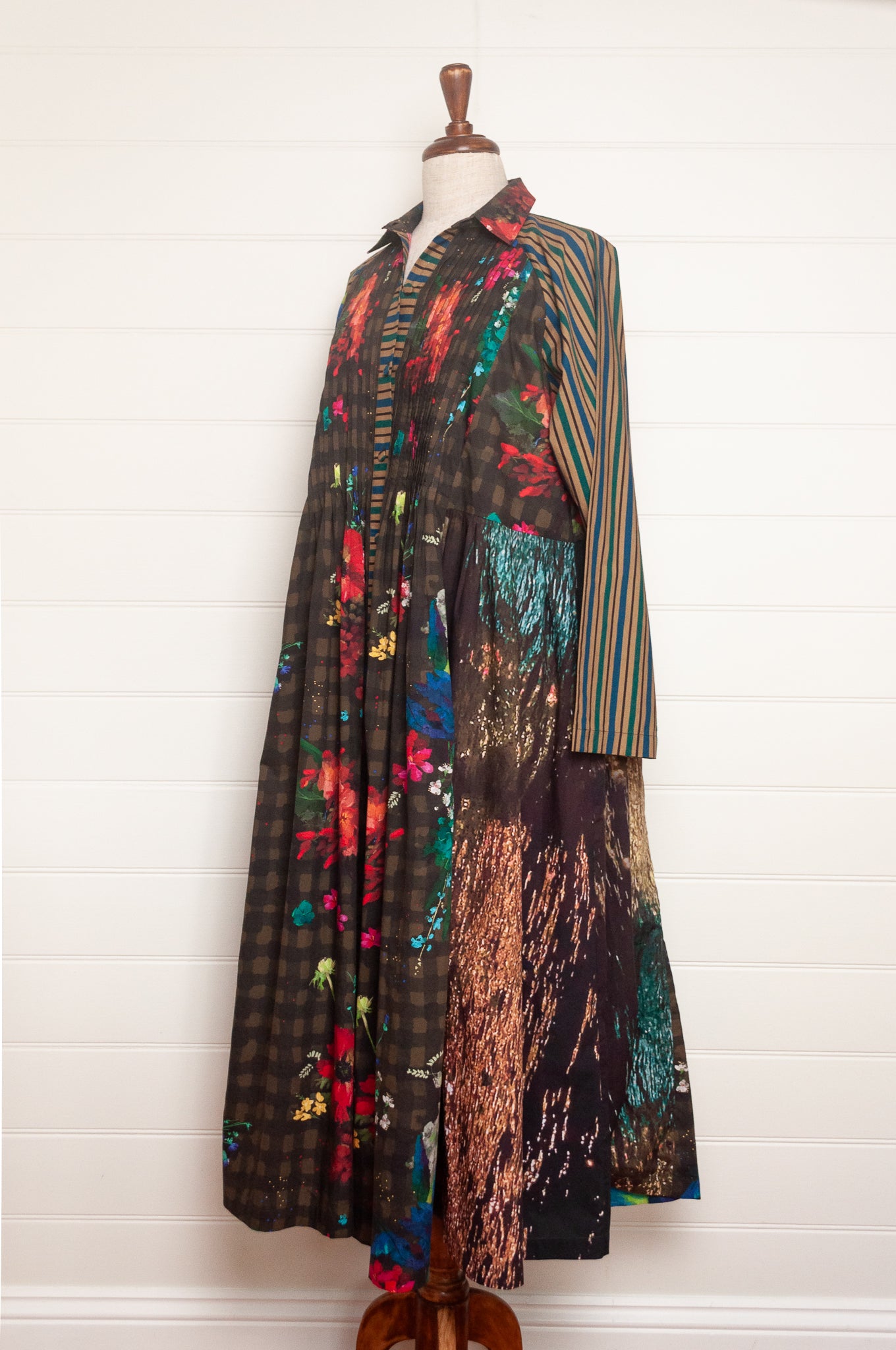 Yavi panelled shirtdress in check floral and stripe prints.