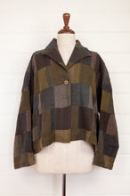 Load image into Gallery viewer, Neeru Kumar Coco jacket in blanket check wool, camouflage tones of grey, olive, khaki, latte and brown.