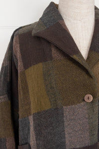 Neeru Kumar Coco jacket in blanket check wool, camouflage tones of grey, olive, khaki, latte and brown.