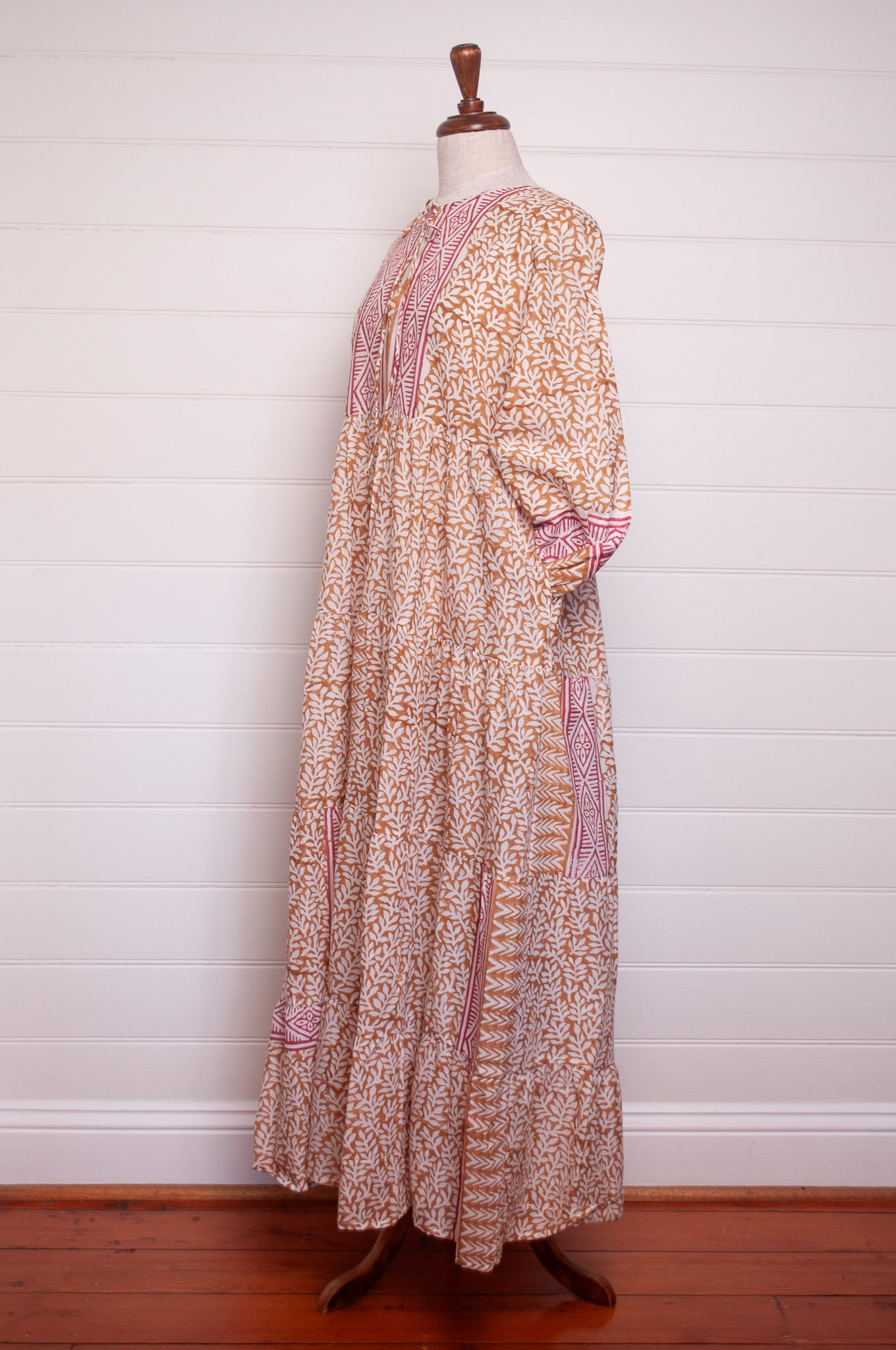 Dora Maxi dress light cotton voile blockprint maxi dress mustard on white floral with red accents.