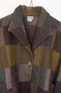 Neeru Kumar Coco jacket in blanket check wool, camouflage tones of grey, olive, khaki, latte and brown.