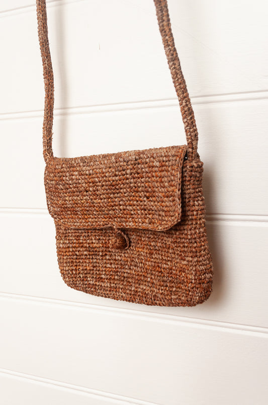 Sophie Digard small cross body crocheted raffia bag in mouflon marled warm browns.