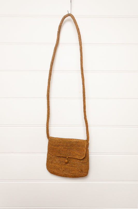 Sophie Digard small cross body crocheted raffia bag in oro golden brown.