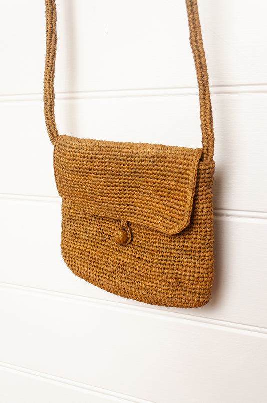 Sophie Digard small cross body crocheted raffia bag in oro golden brown.
