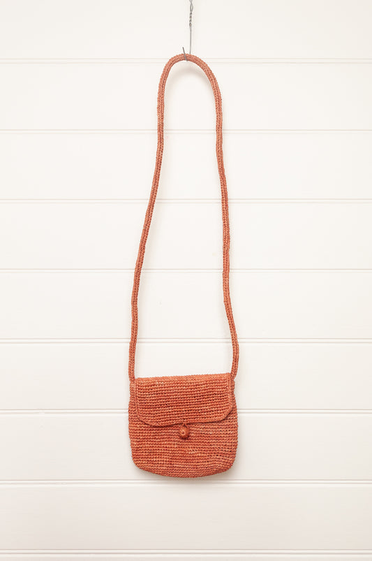 Sophie Digard small cross body crocheted raffia bag in bois de rose, warm pink.