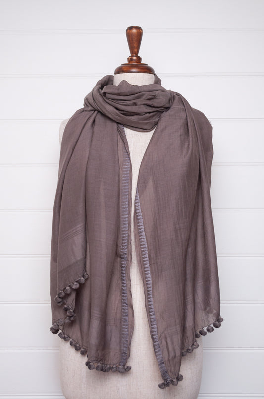 Silk cotton pom pom scarf in storm grey.