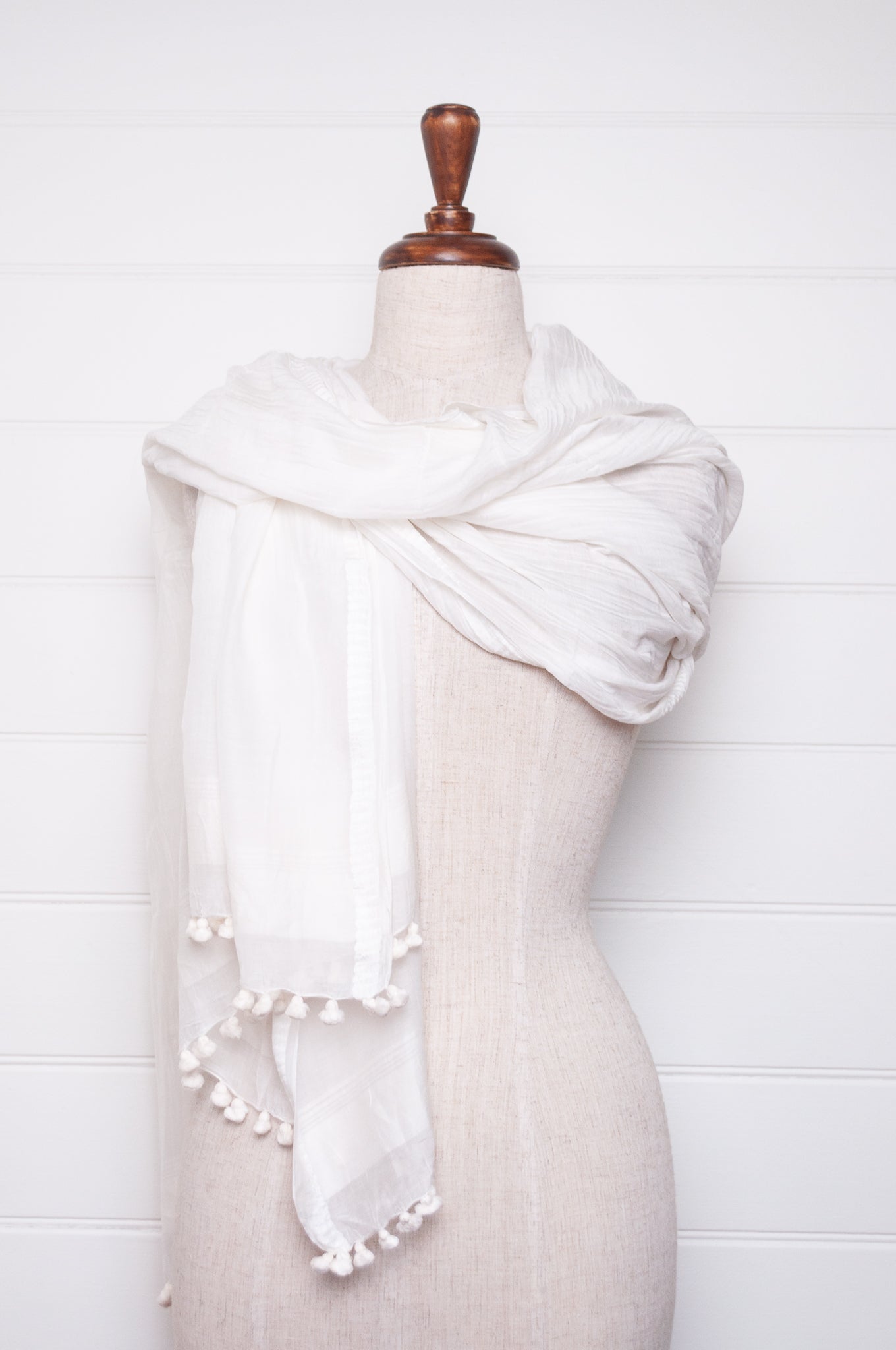 Silk cotton pom pom scarf in vanilla white.