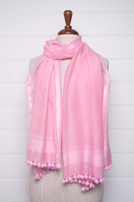 Silk cotton pom pom scarf in petal pink.