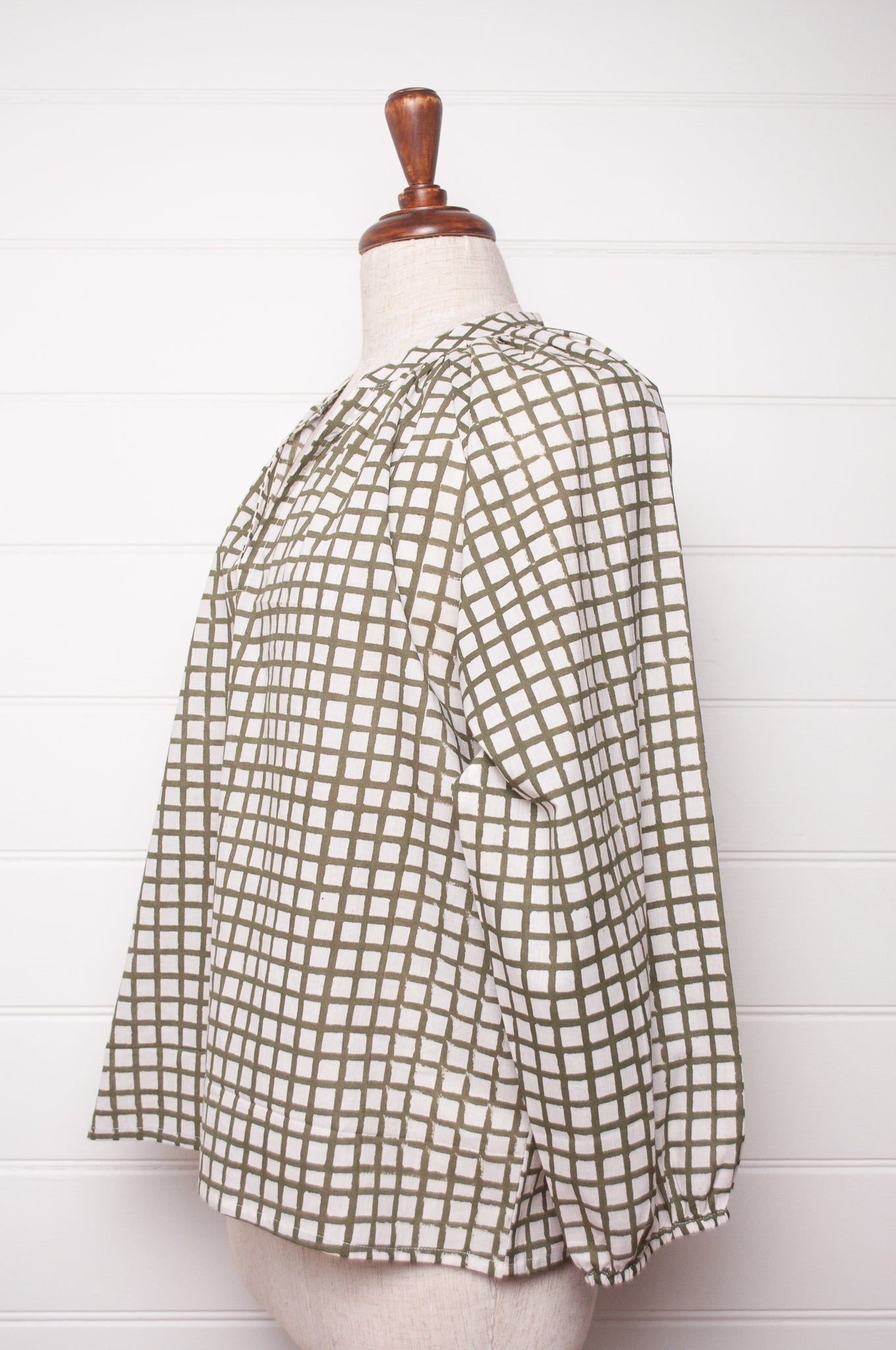 Green and white tile check blouse, blockprinted cotton.