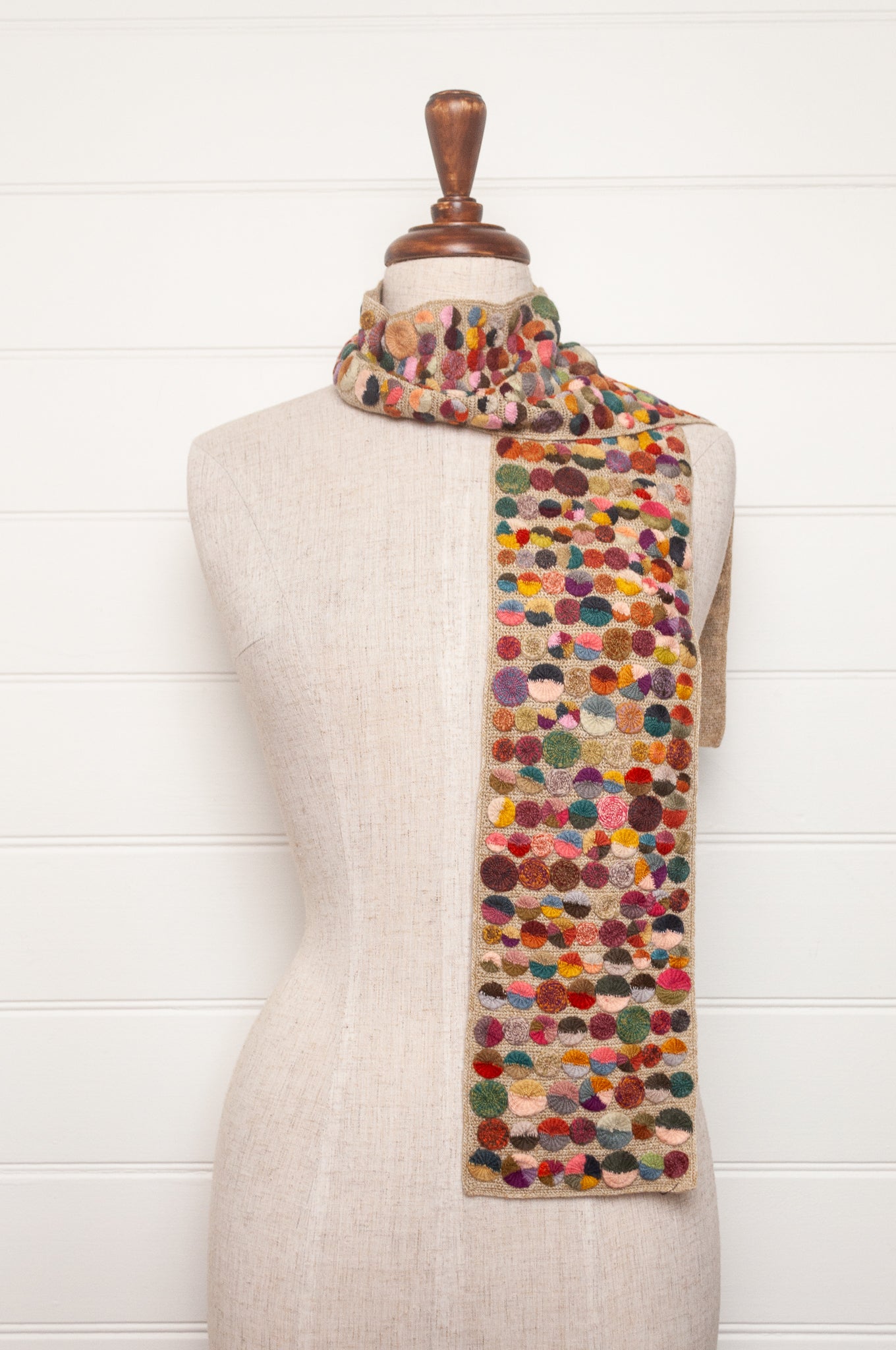Sophie Digard crochet scarf of multi coloured medallions on natural base.