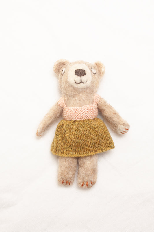 Sophie Digard poupee pure wool teddy bear in oatmeal with mustard and pink dress.